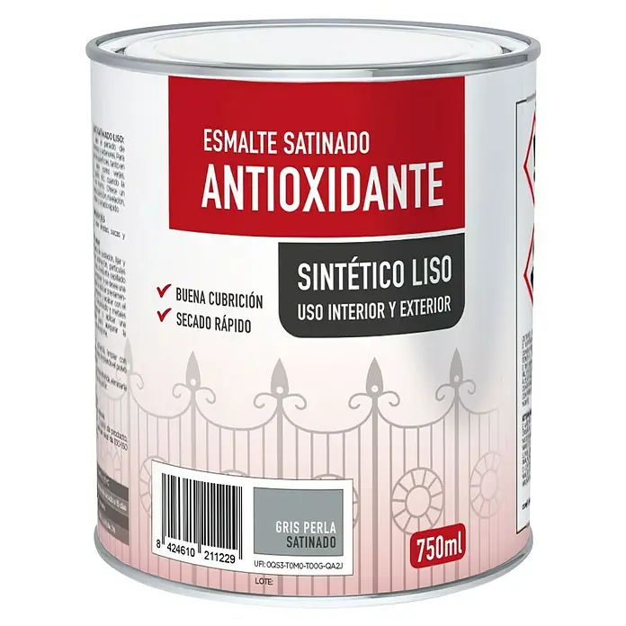 Esmalte de color antioxidante - Gris perla, Satinado, 750 ml, Base disolvente - Bote de pintura antioxidante gris perla satinado para interior y exterior con capacidad de 750ml.