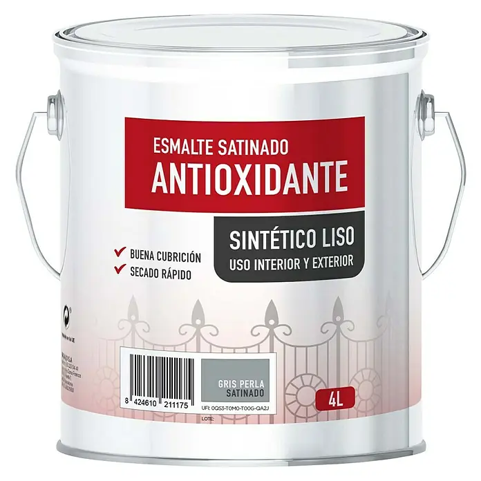 Esmalte de color antioxidante - Gris perla, Satinado, 4 l, Base disolvente - Bote de 4L de esmalte antioxidante satinado gris perla para interior y exterior, de buena cubrición y secado rápido.