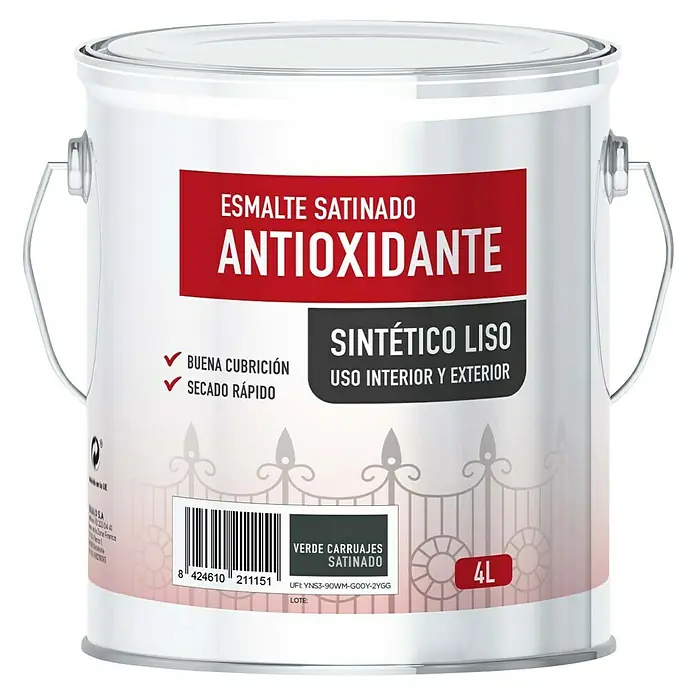 Esmalte de color antioxidante - Verde carruaje, Satinado, 4 l, Base disolvente - Un cubo de pintura blanco "Esmalte Satinado Antioxidante" con etiquetas rojas y negras, ideal para interiores y exteriores.