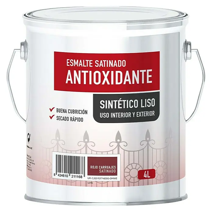 Esmalte de color antioxidante - Rojo carruaje, Satinado, 4 l, Base disolvente - Bote de pintura antioxidante con acabado satinado para interiores y exteriores con las inscripciones "Antioxidante" y "Rojo Carruajes Satinado", con código de barras.