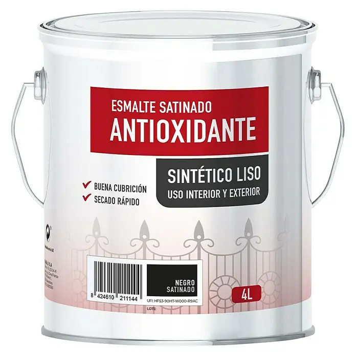 Esmalte de color antioxidante - Negro, Satinado, 4 l, Base disolvente - Bote de pintura antioxidante negra satinada para interiores y exteriores. Contenido: 4 litros.