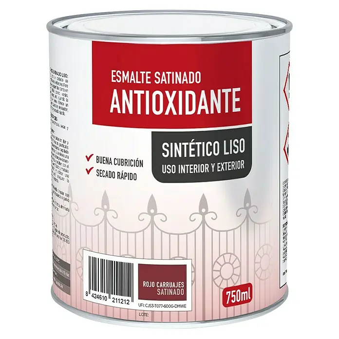 Esmalte de color antioxidante - Rojo carruaje, Satinado, 750 ml, Base disolvente - Bote de pintura satinada, antioxidante y sintética para interior y exterior con buena cubrición y secado rápido, 750ml.