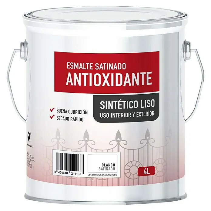 Esmalte de color antioxidante - Blanco, Satinado, 4 l, Base disolvente - Pintura de esmalte antioxidante blanco satinado en una lata de 4L. Ideal para uso interior y exterior, ofrece buena cubrición y secado rápido.