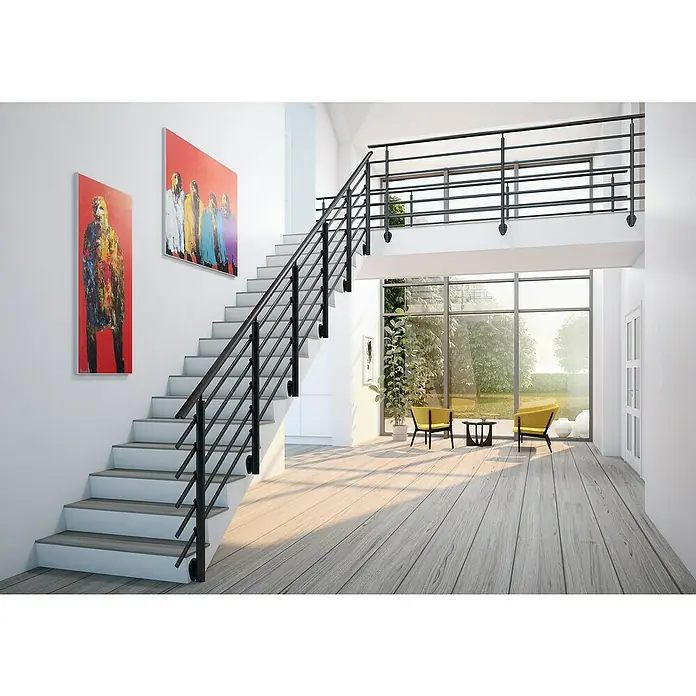 Sogem Balaustrada Pure Black lateral - 150 x 102 cm, Aluminio, Negro - Interior luminoso con escalera moderna, barandilla minimalista y obras de arte en la pared. Una zona de estar acogedora invita a relajarse.