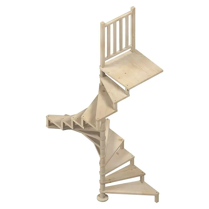 Sogem Escalera de caracol Square Wood - Diámetro: 140 cm, Color peldaños: Abeto, Altura de planta: 300 cm, Sin barandilla - Imagen de una escalera de caracol de madera, que muestra un diseño rústico y que ahorra espacio sobre un fondo negro.
