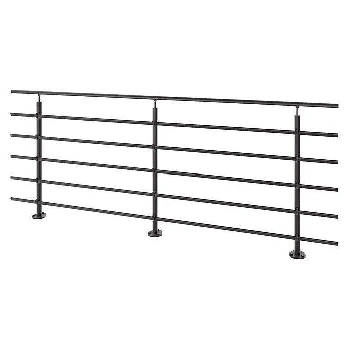 Sogem Balaustrada Pure Black - 250 x 102 cm, Aluminio, Negro - Vista de una barandilla metálica con cinco barras horizontales y soportes verticales. La barandilla tiene un acabado oscuro y mate.