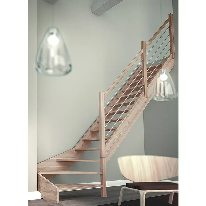 Sogem Escalera principal Nevada - Color peldaños: Haya, Ancho: 82 cm, 1/4 espiral derecha, Altura de planta: 285 cm - Elegante escalera de madera con barandilla de acero inoxidable, perfecta para interiores modernos. La escalera tiene un diseño luminoso y acogedor.
