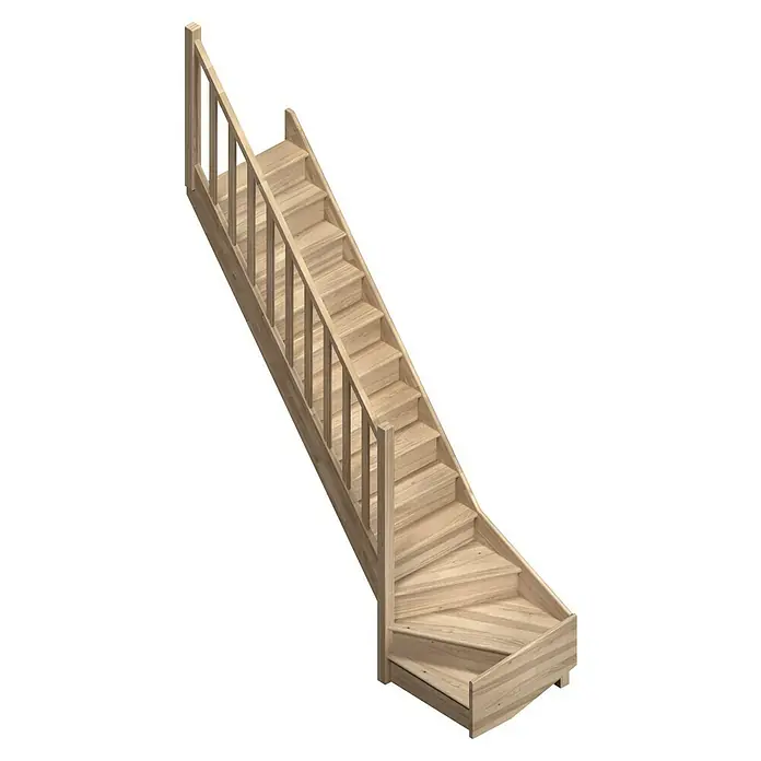 Sogem Escalera principal Tradi Eco - Roble, Ancho: 80 cm, 1/4 espiral izquierda, Altura de planta: 285 cm - Imagen de una escalera de madera con barandilla, ideal para interiores modernos o tradicionales. La escalera es robusta y estéticamente agradable.