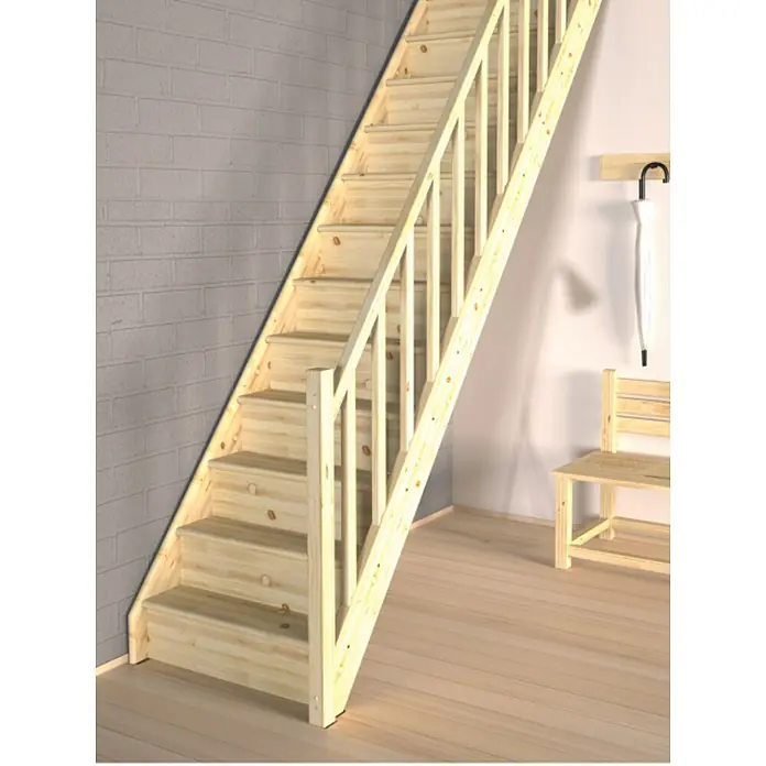 Sogem Escalera principal Tradi Eco - Abeto, Ancho: 80 cm, Recto, Altura de planta: 285 cm - Escalera de madera con barandilla sobre pared de ladrillo gris, que lleva a una pared blanca con perchero y banco.