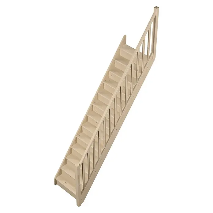 Sogem Escalera principal Tradi Eco - Abeto, Ancho: 80 cm, Recto, Altura de planta: 285 cm - Una toma de estudio de una escalera de madera. La escalera es de color marrón claro y tiene una barandilla de madera. Están sobre un fondo negro.