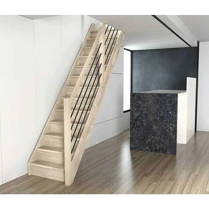Sogem Escalera principal Trendy Eco - Roble, Ancho: 80 cm, Recto, Altura de planta: 285 cm - Escalera de madera clara con barrotes de barandilla negros, integrada a la perfección en el interior moderno. Un punto focal para cualquier habitación.