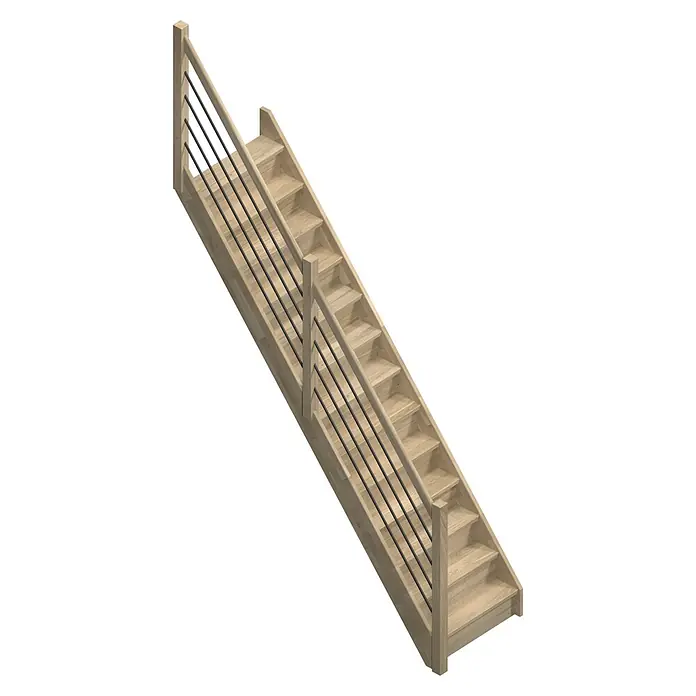 Sogem Escalera principal Trendy Eco - Roble, Ancho: 80 cm, Recto, Altura de planta: 285 cm - Una escalera de madera moderna con barrotes de barandilla negros sobre un fondo negro. La escalera parece sencilla y elegante.