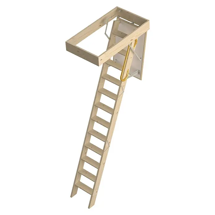 Sogem Escalera escamoteable EcoTop - Longitud de la apertura del techo: 140 cm, Anchura de la apertura del techo: 70 cm, Aislamiento térmico: 1,2 W/(m²K) - La imagen muestra una escalera de ático de madera plegable fijada a una trampilla blanca, con un gancho dorado para facilitar su uso.