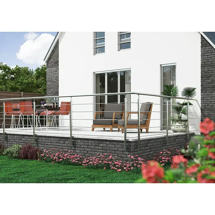 Sogem Balaustrada Harmony lateral - 250 x 102 cm, Acero inoxidable, Plateado - Fachada luminosa con terraza y barandilla de acero inoxidable, decorada con muebles de jardín y plantas. La barandilla aporta seguridad y estilo.