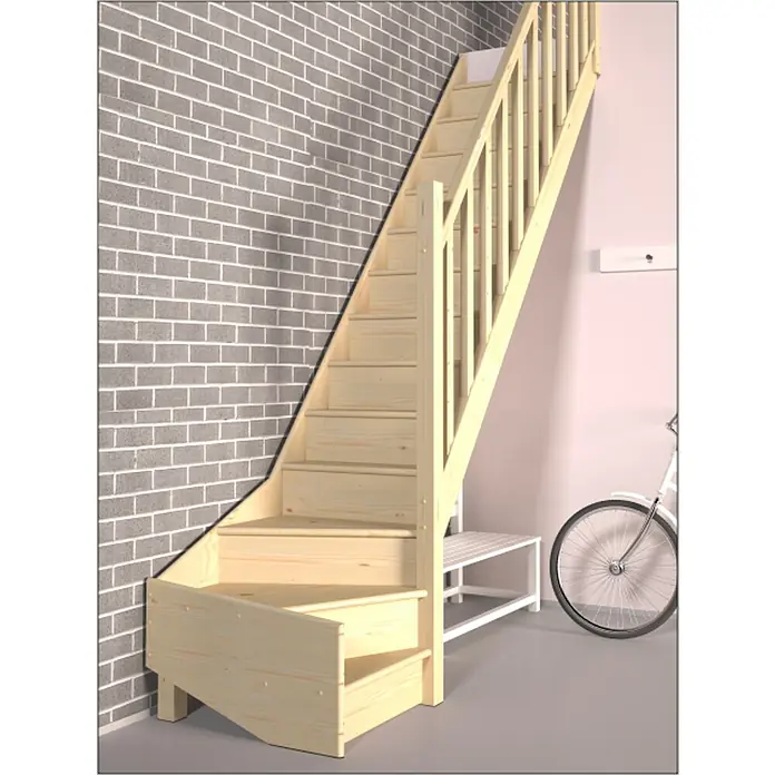 Sogem Escalera principal Tradi Eco - Abeto, Ancho: 80 cm, 1/4 espiral derecha, Altura de planta: 285 cm - Escalera de madera con barandilla frente a una pared de ladrillo y una bicicleta. Ideal para espacios pequeños y áticos.