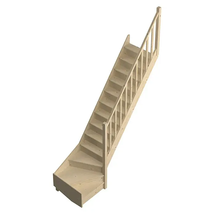 Sogem Escalera principal Tradi Eco - Abeto, Ancho: 80 cm, 1/4 espiral derecha, Altura de planta: 285 cm - Una escalera de madera con barandilla y plataforma de esquina, perfecta para interiores. La escalera ofrece un ascenso seguro con encanto rústico.
