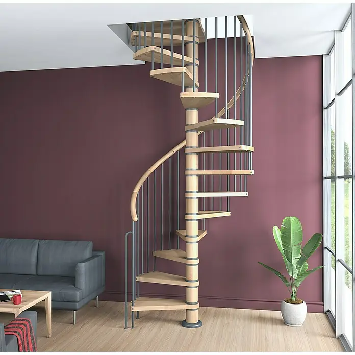 Sogem Escalera de caracol Vega - Haya, Diámetro: 140 cm, Altura de planta: 315 cm - Una elegante escalera de caracol de madera y metal se integra perfectamente en la sala de estar moderna. La escalera llama la atención.