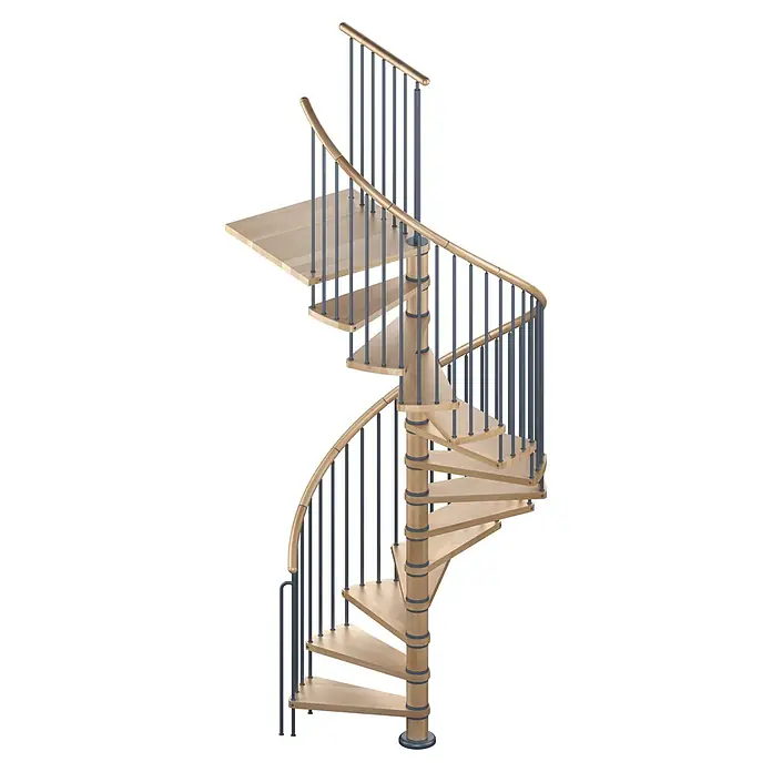Sogem Escalera de caracol Vega - Haya, Diámetro: 140 cm, Altura de planta: 315 cm - Primer plano de una elegante escalera de caracol con peldaños de madera y barandillas esbeltas y oscuras sobre un fondo negro.