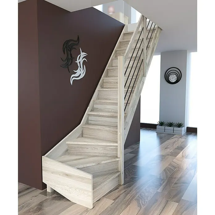 Sogem Escalera principal Trendy Eco - Roble, Ancho: 80 cm, 1/4 espiral derecha, Altura de planta: 285 cm - Escalera de madera clara con barandilla negra en una casa amueblada de forma moderna. La escalera se integra elegantemente en la habitación.
