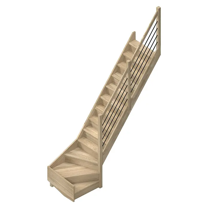 Sogem Escalera principal Trendy Eco - Roble, Ancho: 80 cm, 1/4 espiral derecha, Altura de planta: 285 cm - Escalera de madera con barandilla y barrotes negros. La escalera cuenta con un rellano de giro en la parte inferior.