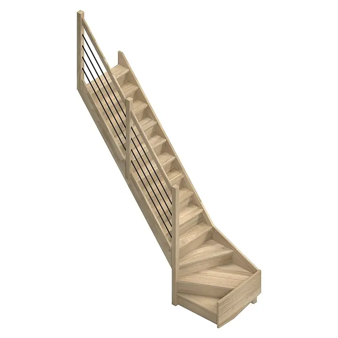 Sogem Escalera principal Trendy Eco - Roble, Ancho: 80 cm, 1/4 espiral izquierda, Altura de planta: 285 cm - Una escalera de madera clara con postes de barandilla negros modernos, que sube en espiral. Es un complemento elegante para cualquier hogar funcional.