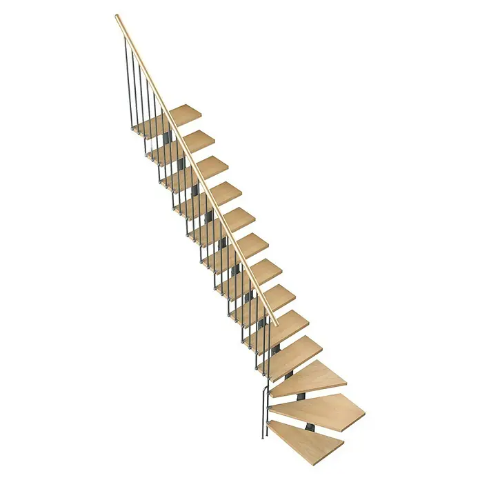 Sogem Escalera principal Eureka - Haya, Ancho: 74 cm, 1/4 espiral izquierda - Escalera moderna con peldaños de madera y barandilla de metal. La escalera se abre camino elegantemente, ofreciendo una elegante conexión entre plantas.