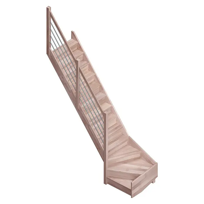 Sogem Escalera principal Trendy Eco - Haya, Ancho: 80 cm, 1/4 espiral izquierda, Altura de planta: 285 cm - Escalera de madera con barandilla de acero inoxidable. Diseño elegante de escalera en madera clara con elementos modernos de acero inoxidable.