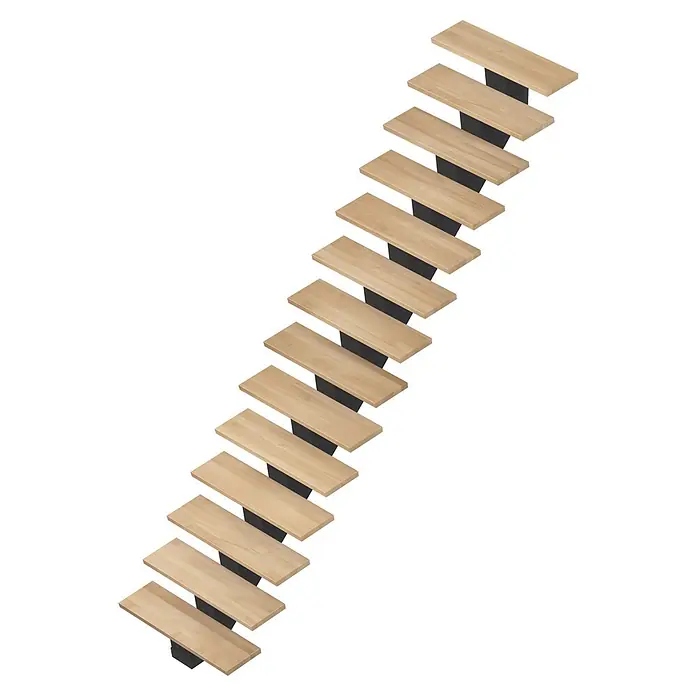 Sogem Escalera principal Gomera - Haya, Ancho: 85 cm, Recto, Altura de planta: 285,2 cm - Primer plano de una serie de listones de madera marrón claro conectados por soportes negros, formando una estructura de somier de láminas.