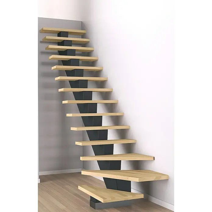 Sogem Escalera principal Gomera - Haya, Ancho: 85 cm, 1/4 espiral izquierda, Altura de planta: 285,2 cm - Elegante escalera flotante con peldaños de madera clara y columna vertebral central oscura, combinando diseño moderno y funcionalidad.