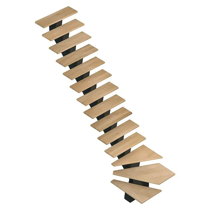 Sogem Escalera principal Gomera - Haya, Ancho: 85 cm, 1/4 espiral izquierda, Altura de planta: 285,2 cm - Una escalera flotante con peldaños de madera y soportes negros que muestra un diseño moderno sobre un fondo negro.