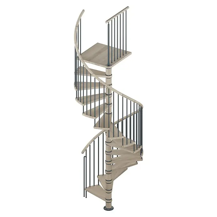 Sogem Escalera de caracol Columbia - Diámetro: 120 cm, Color peldaños: Roble, Altura de planta: 315 cm - Una elegante escalera de caracol hecha de madera clara con barandillas de color gris oscuro, que sube en espiral.