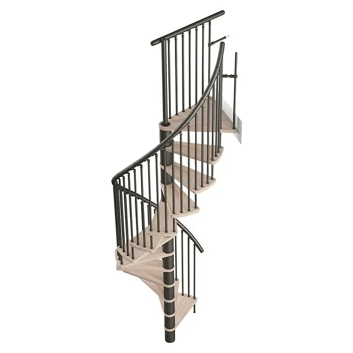 Sogem Escalera de caracol Kappa - Diámetro: 120 cm, Negro, Color peldaños: Haya barnizada, Altura de planta: 309 cm - Una elegante escalera de caracol presenta peldaños de madera clara y una barandilla oscura sobre un fondo negro.