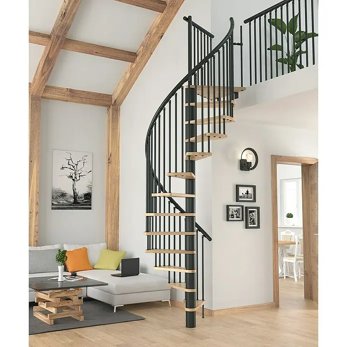 Sogem Escalera de caracol Kappa - Diámetro: 120 cm, Negro, Color peldaños: Haya barnizada, Altura de planta: 309 cm - Elegante escalera de caracol con barandas negras y escalones de madera clara que ofrece un atractivo moderno a la estancia.