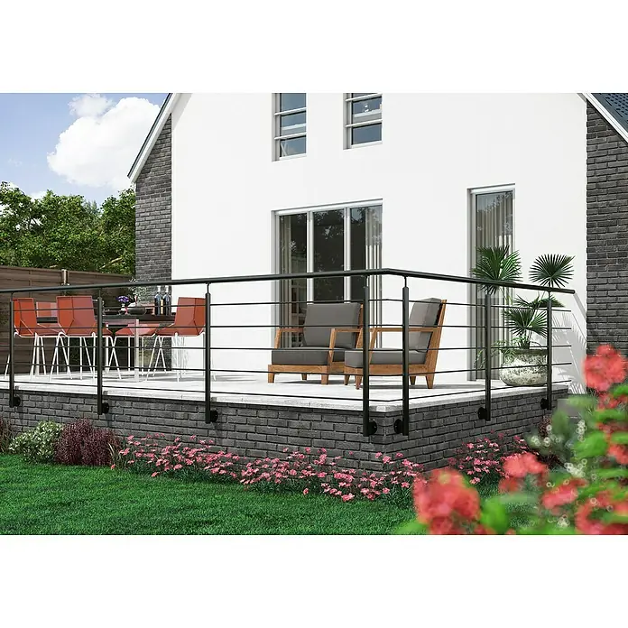 Sogem Balaustrada Clean lateral - 150 x 100 cm, Aluminio, Negro - Terraza moderna con barandilla negra, asientos y comedor. La barandilla proporciona seguridad y realza el diseño elegante del espacio exterior.