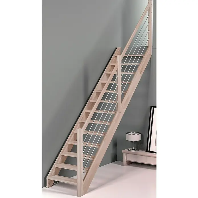Sogem Escalera principal Nevada - Color peldaños: Haya, Ancho: 82 cm, Recto, Altura de planta: 285 cm - Imagen de una escalera de madera con un diseño moderno, complementada por elegantes barras de metal horizontales como barandilla.