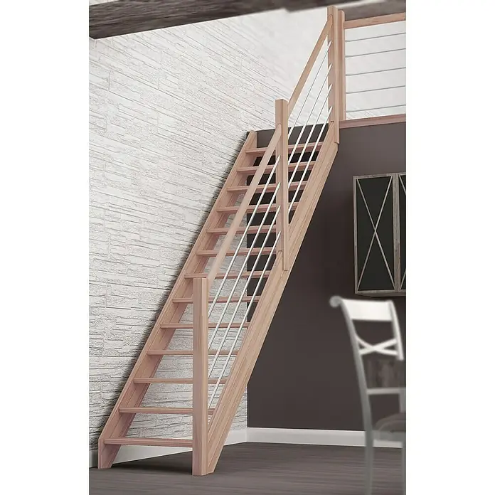 Sogem Escalera principal Nevada - Color peldaños: Haya, Ancho: 82 cm, Recto, Altura de planta: 285 cm - Una escalera de madera que ahorra espacio con barandilla y puntales blancos conduce al piso superior, ideal para espacios pequeños.