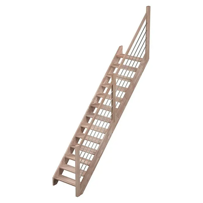 Sogem Escalera principal Nevada - Color peldaños: Haya, Ancho: 82 cm, Recto, Altura de planta: 285 cm - Una escalera de madera clara con una barandilla moderna de barras metálicas, ideal para interiores.