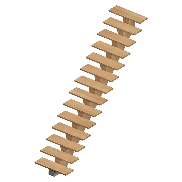 Sogem Escalera principal Kalea - Comanche Pure, Ancho: 85 cm, Recto, Altura de planta: 285,2 cm - Primer plano de una escalera de madera con peldaños marrón claro y soportes grises sobre un fondo negro. La escalera asciende de abajo a la izquierda hacia arriba a la derecha.