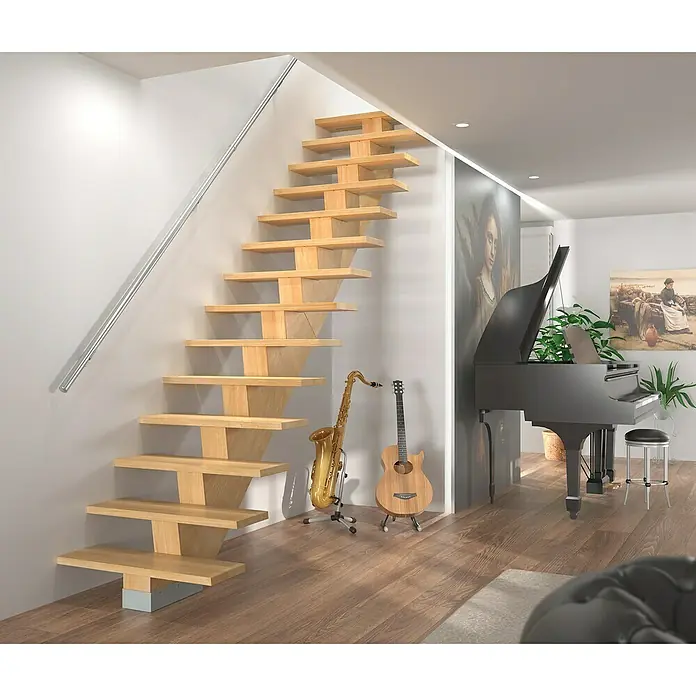 Sogem Escalera principal Kalea - Comanche Pure, Ancho: 85 cm, Recto, Altura de planta: 285,2 cm - Una moderna escalera de madera con peldaños flotantes y diseño minimalista, perfecta para un hogar elegante con instrumentos.