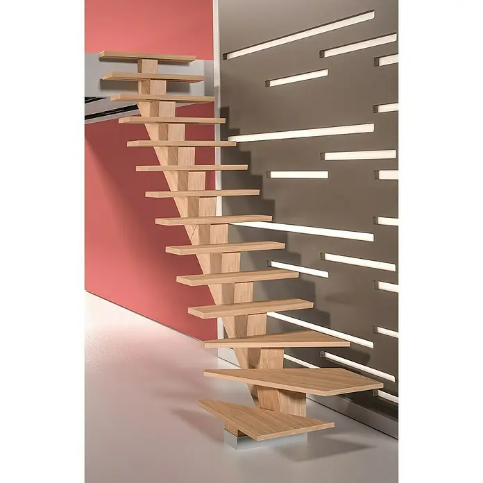 Sogem Escalera principal Kalea - Comanche Pure, Ancho: 85 cm, 1/4 espiral izquierda, Altura de planta: 285,2 cm - Moderna escalera de madera con peldaños flotantes y diseño minimalista, ideal para interiores modernos. La construcción combina estética y funcionalidad.