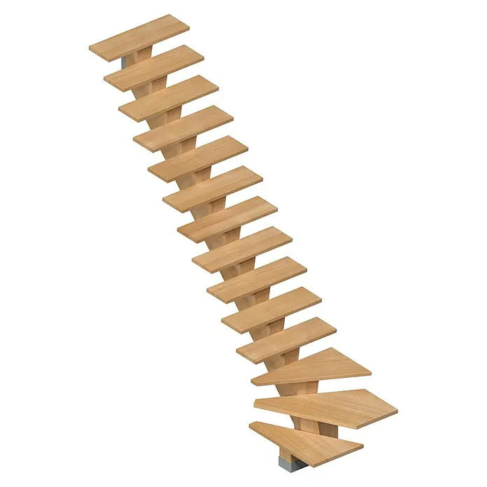 Sogem Escalera principal Kalea - Comanche Pure, Ancho: 85 cm, 1/4 espiral izquierda, Altura de planta: 285,2 cm - Una moderna escalera de madera voladiza con peldaños flotantes sobre un fondo negro.