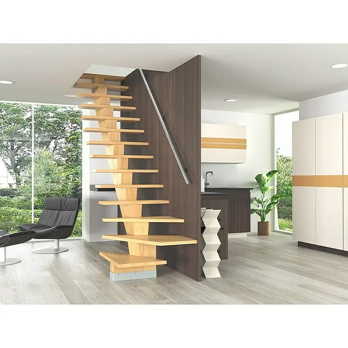 Sogem Escalera principal Kalea - Comanche Pure, Ancho: 85 cm, 1/4 espiral izquierda, Altura de planta: 285,2 cm - Elegante escalera voladiza de madera con barandilla de acero en un interior moderno que combina estilo y funcionalidad.