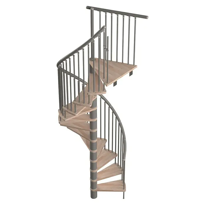 Sogem Escalera de caracol Sigma - Haya barnizada, Diámetro: 120 cm, Altura de planta: 309 cm - Una elegante escalera de caracol con peldaños de madera clara y una barandilla de metal gris, ideal para interiores modernos y soluciones que ahorran espacio.