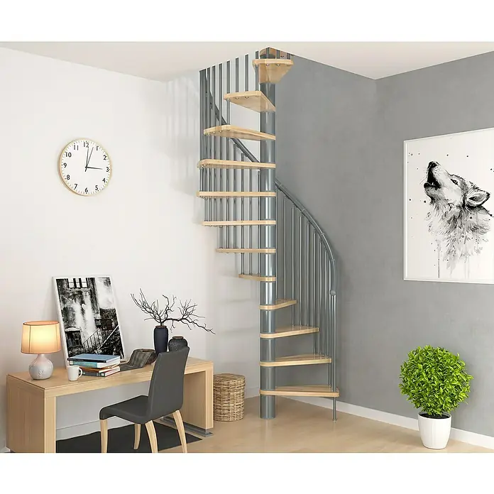 Sogem Escalera de caracol Sigma - Haya barnizada, Diámetro: 120 cm, Altura de planta: 309 cm - Una escalera de caracol de metal y madera clara en una habitación moderna y elegante.