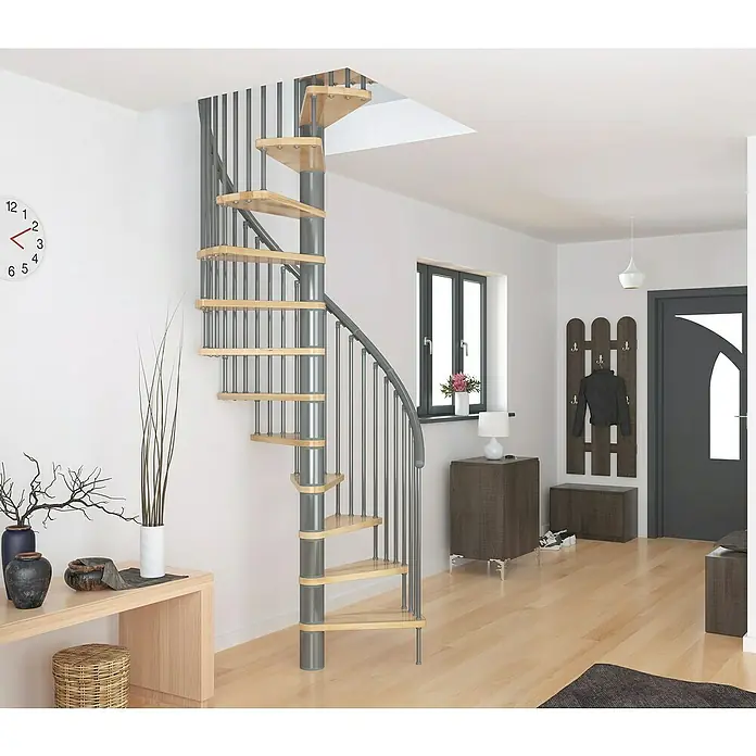Sogem Escalera de caracol Sigma - Haya barnizada, Diámetro: 140 cm, Altura de planta: 309 cm - Una elegante escalera de caracol de madera y metal. La escalera llama la atención en la habitación y se integra perfectamente en el interior moderno.