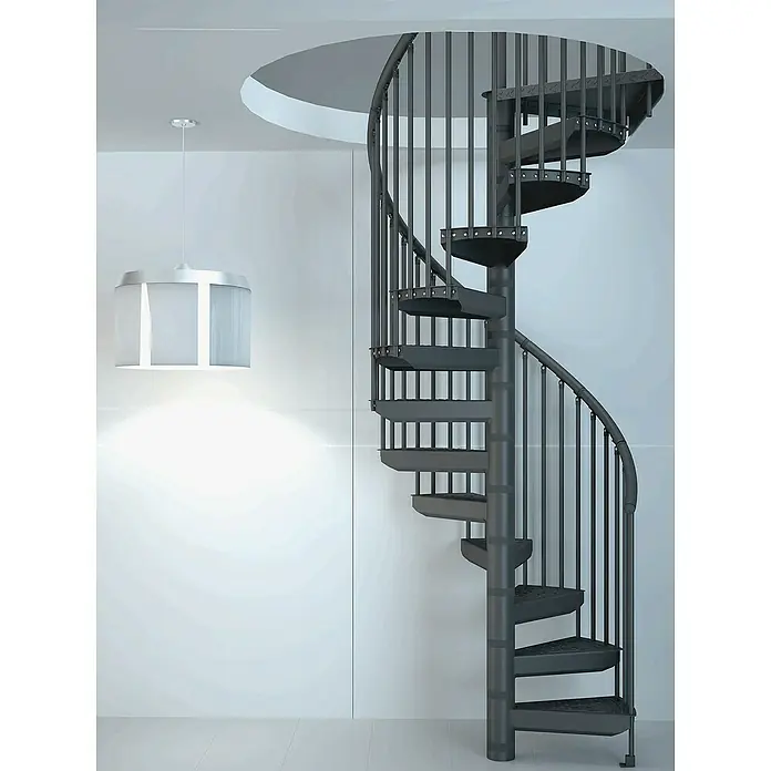 Sogem Escalera de caracol Delta - Gris, Diámetro: 120 cm, Altura de planta: 300 cm - Interior de una elegante escalera de caracol metálica que se integra armoniosamente en el diseño moderno de la habitación.