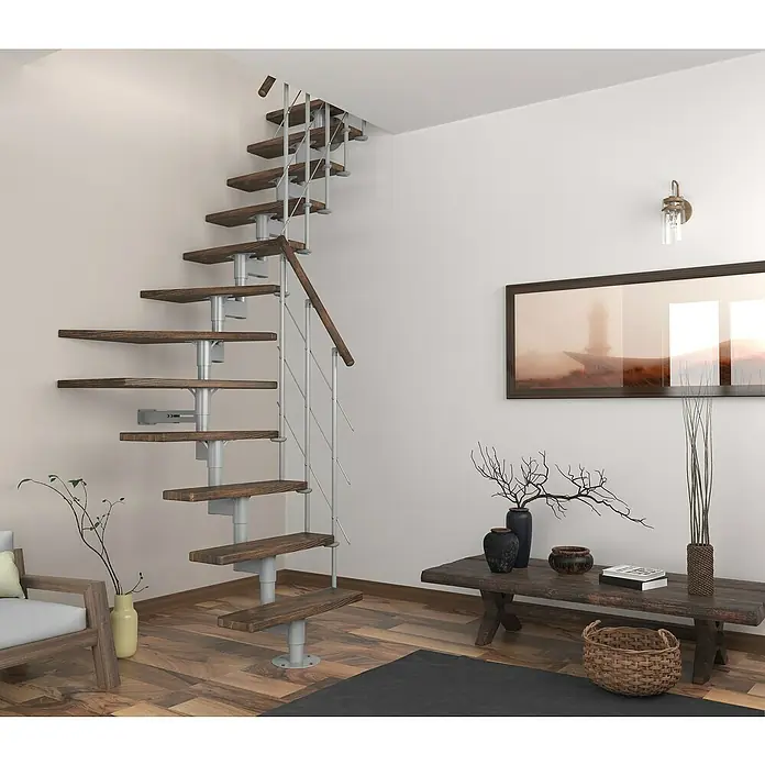 Sogem Escalera compacta Arizona - Haya, Ancho: 70 cm, Haya maciza alistonada, Espiral izquierda y derecha, Con barandilla - Escalera con peldaños de madera y barandilla de metal. El diseño moderno de la escalera encaja bien con la decoración de la habitación.