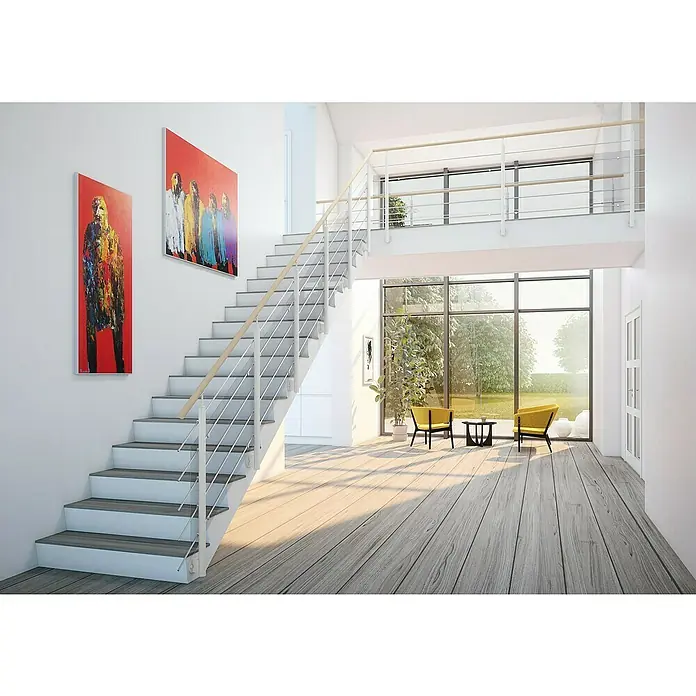 Sogem Balaustrada Interio lateral - 150 x 102 cm, Acero, Plateado - Escalera luminosa con peldaños de madera y barandilla de acero en casa de diseño moderno, combinada con arte contemporáneo.