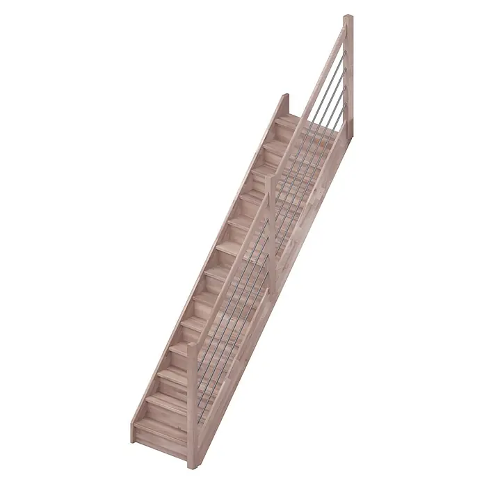 Sogem Escalera principal Trendy Eco - Haya, Ancho: 80 cm, Recto, Altura de planta: 285 cm - Escalera de madera clara con baranda de metal, ideal para interiores modernos que garantiza un paso seguro entre plantas con un diseño elegante.