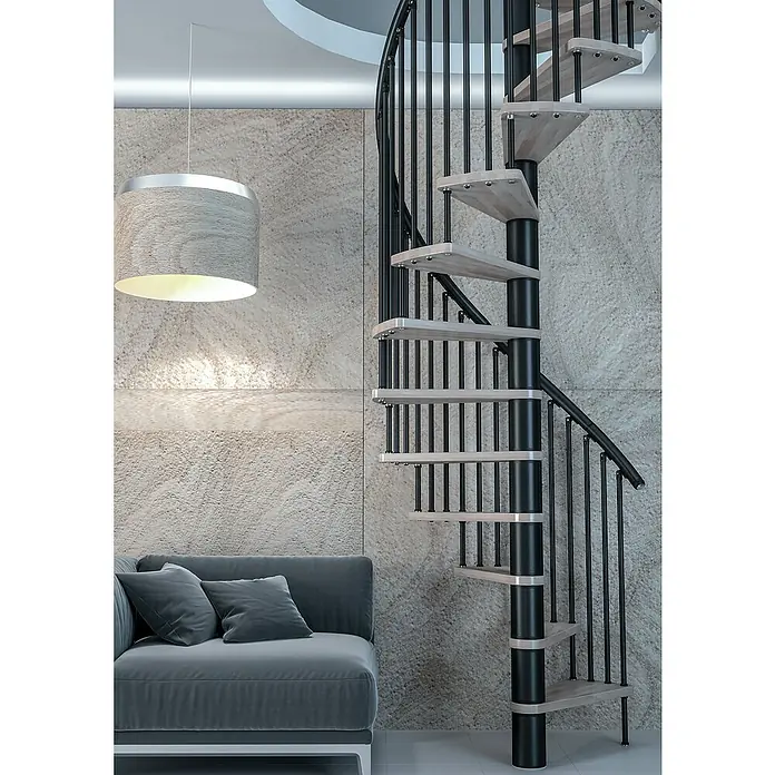 Sogem Escalera de caracol Kappa - Diámetro: 140 cm, Negro, Color peldaños: Haya barnizada, Altura de planta: 309 cm - Elegante escalera de caracol de madera y metal. El diseño moderno de la escalera complementa perfectamente el elegante interior del salón.